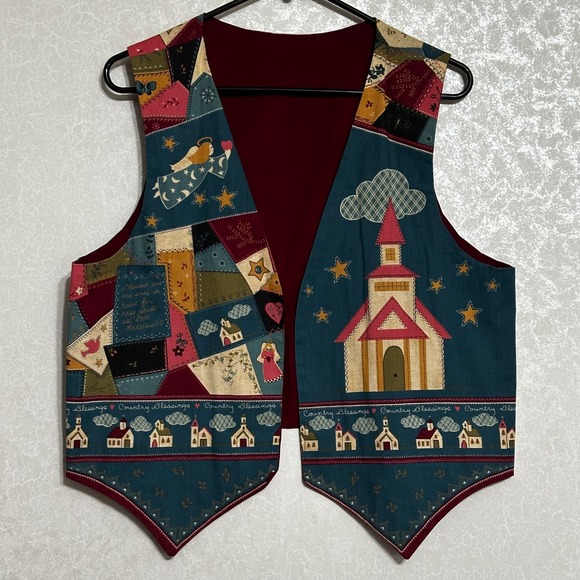 Jackets & Blazers - Country Blessings Patchwork Bible Print Vest Religious Church Angel‎ Folk Art M